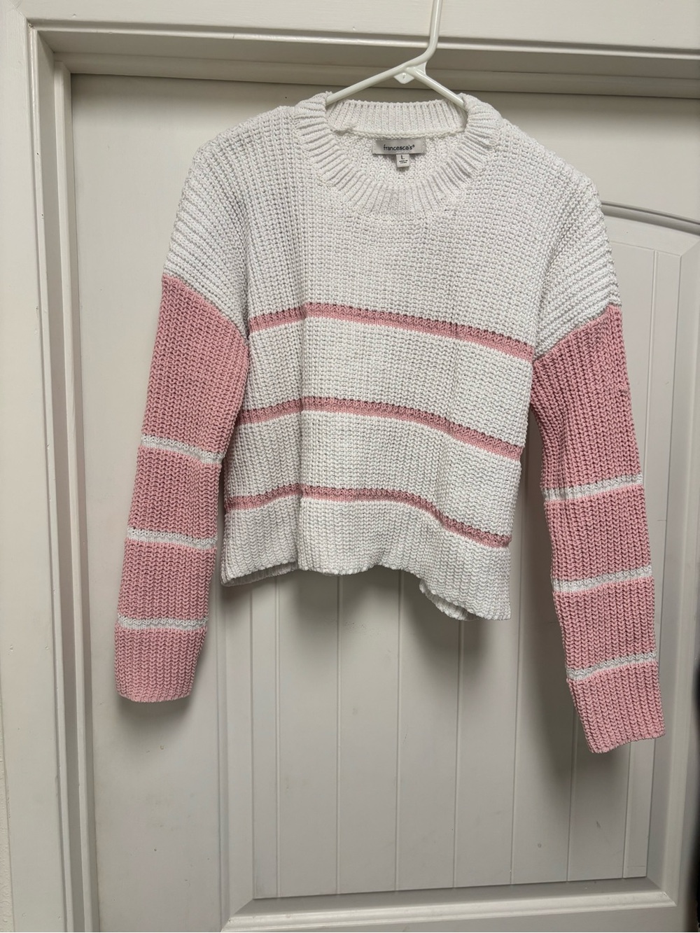 Francesca's Collections White & Pink Striped Crewneck Sweater